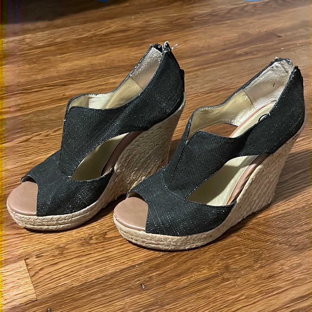 Seychelles Black Linen Rope Wedge Heels Size 7 EUC